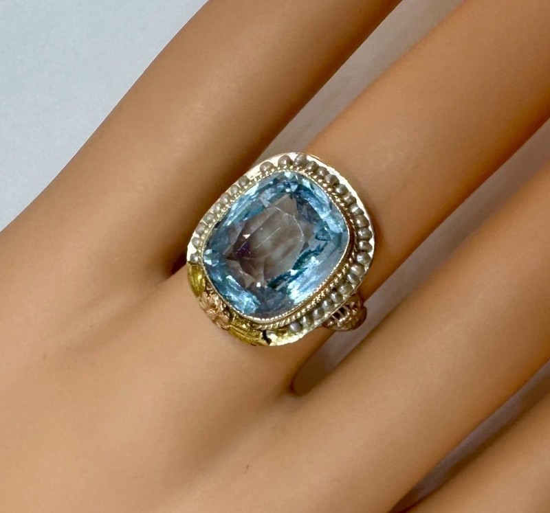 10 CT Natural Blue Topaz Pearl Halo Ring 14 Karat Gold Flower Filigree Art Deco