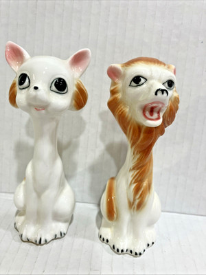 Vintage MCM Long Neck Dog and Lion Figurines  EVC 4inches tall