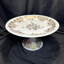 Vtg.Porcelaine De France Pedestal Stand Compote White w/Hand Painted Gold Floral