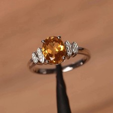 1.30Ct Oval Cut Lab-Created Yellow Citrine Engagement Ring 14K White Gold Plated
