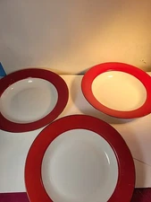 Set Of 3 HOME Vintage 1990s 9 Inch Red/White/Gold Trimmed Ceramic Pasta Bowls