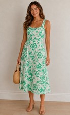 NWT Draper James RSVP Sz12 Linen Blend Ruffle Neck White Green Floral Midi Dress