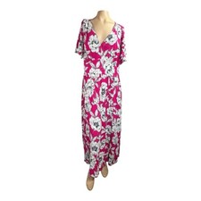 LOFT Floral Dress Size 12 Pink & White V-Neck Short Sleeve Rayon