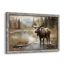 Widlife Wooden Framed Wall Art: Moose in the River Picture Rustic Animal Pain...