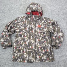 North Face HyVent Jacket Boys Large Green Camo Hooded Fleece Lined Zip Pockets