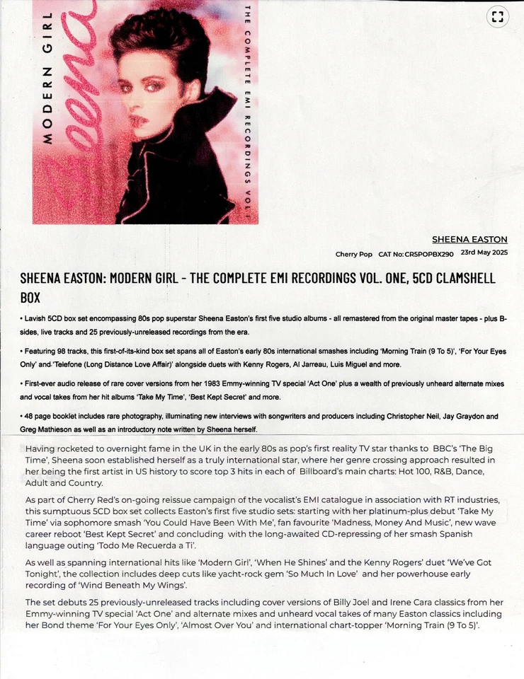SHEENA EASTON - MODERN GIRL: COMPLETE EMI TRACKS (5CD 2025) NEW *98 TRACKS* - Image 2 of 2