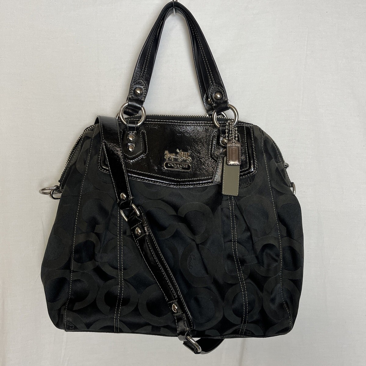 coach ブラックレザー バックパック エンボスデザイン Coach Op Art Signature Handbag Black Purse Shoulder Bag