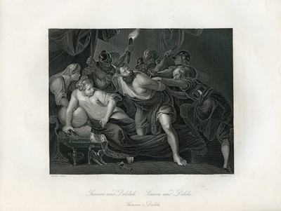 SAMSON und DELILAH - Vintage 1849 Kupferstich #J700