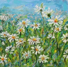 Oil Painting ORIGINAL White Daisies Meadow Flower Field Wildflower Landscape Sky