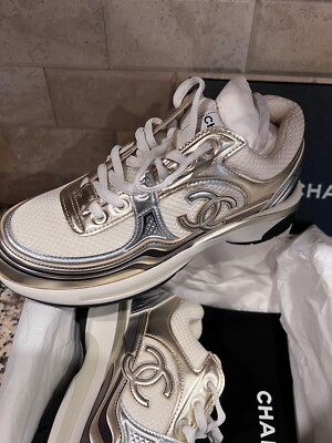 CHANEL 2023 NEW TAGS WHITE GOLD SILVER CC LOGO SNEAKERS SIZE EU38
