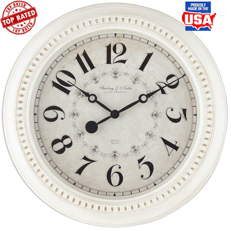 French Country Antique White Wall Clock 15.5 In Glass Metal Hands Arabic Numbers