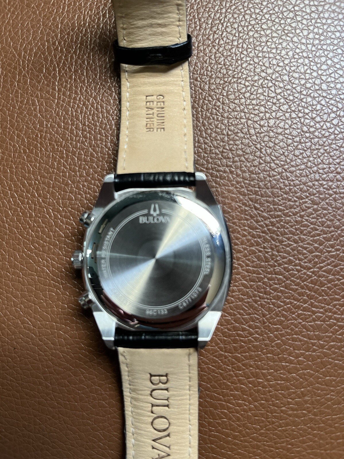 BULOVA 96C133 42mm Silver Stainless Steel Case Black Leather Strap Men