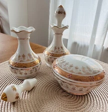 Vtg Andrea Japan White & Gold Porcelain Perfume Bottle and Powder Jar Vanity Set