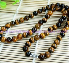 Natural 8mm Yellow Tiger's Eye Gemstone Bead Round Necklace 18''