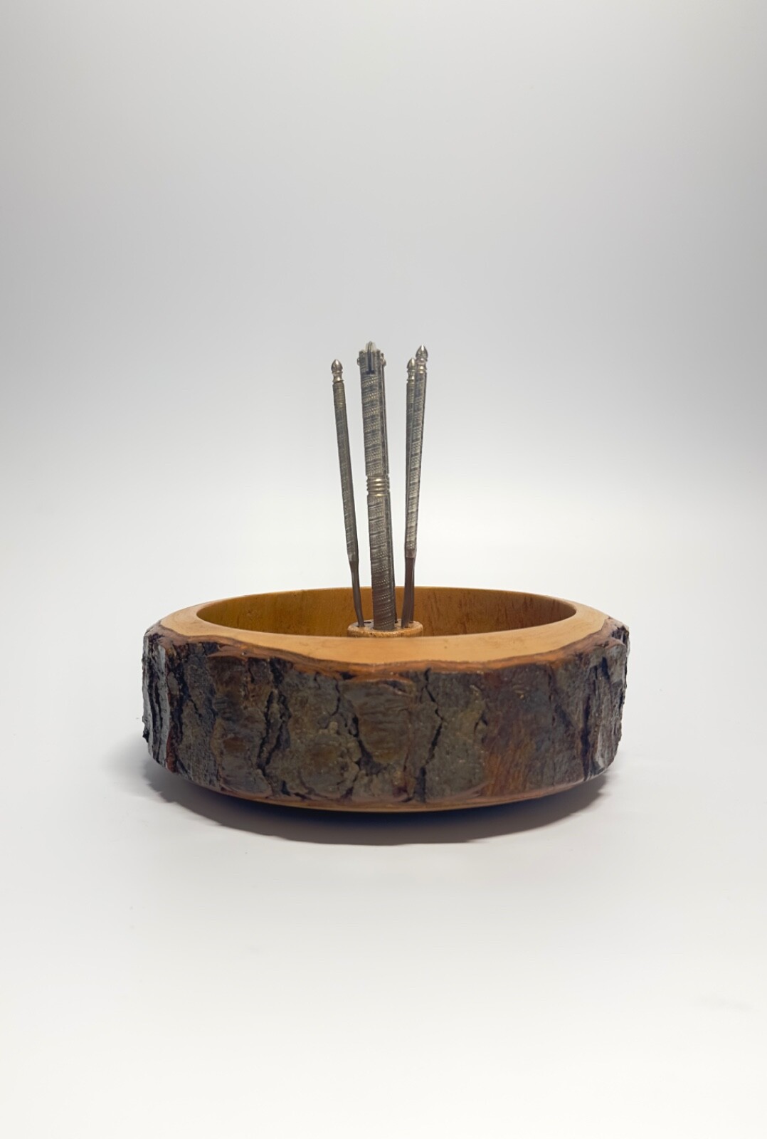 Vintage Rustic Nut Bowl With Tools Raw Edge Natural Tree Bark 1 Cracker