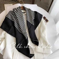 100 Mulberry Silk Scarf Women Black White Striped Square Gift for Her 35"