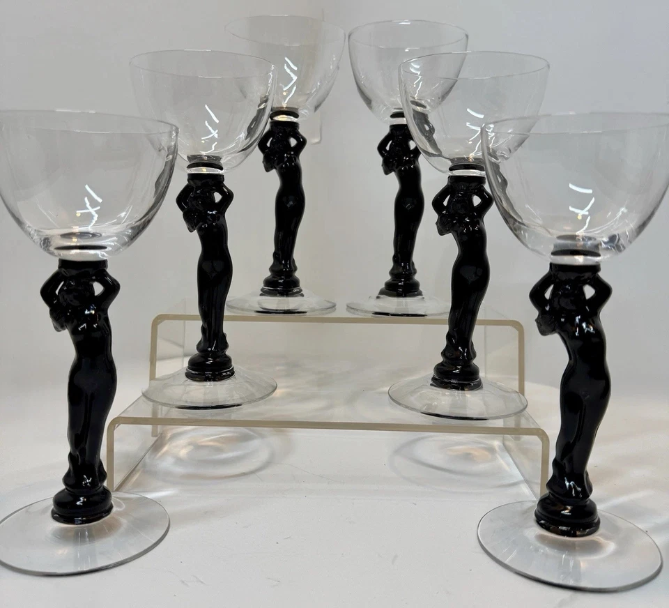 (6) CAMBRIDGE Glass Co. Art Deco Ebony Black Nude Stem Cocktail  Glasses Antique - Image 2 of 4