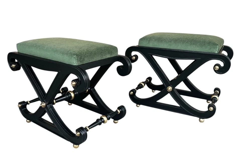 Par de bancos Hollywood Regency años 70 - mohair terciopelo oliva, base X, Foto 2 de 4