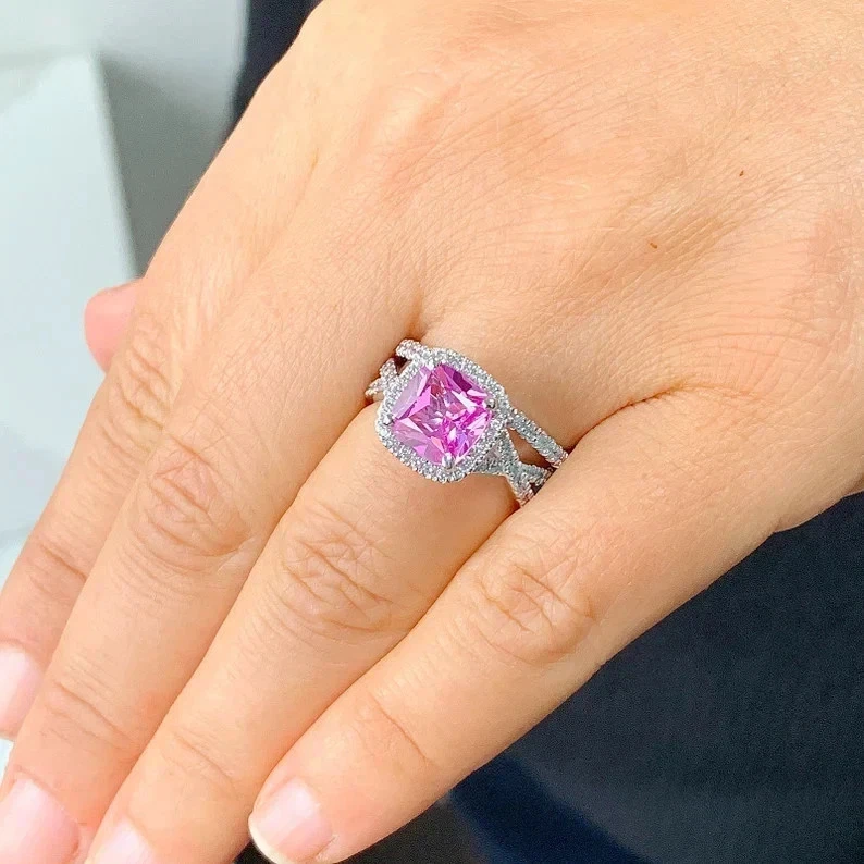 Anillo de compromiso de oro blanco sólido de 18 quilates con diamantes de zafiro rosa natural de 3,00 quilates Foto 4 de 4