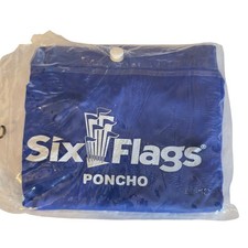549 NEW Six Flags Logo Unisex OS Reusable Hooded Waterproof Rain Poncho Blue