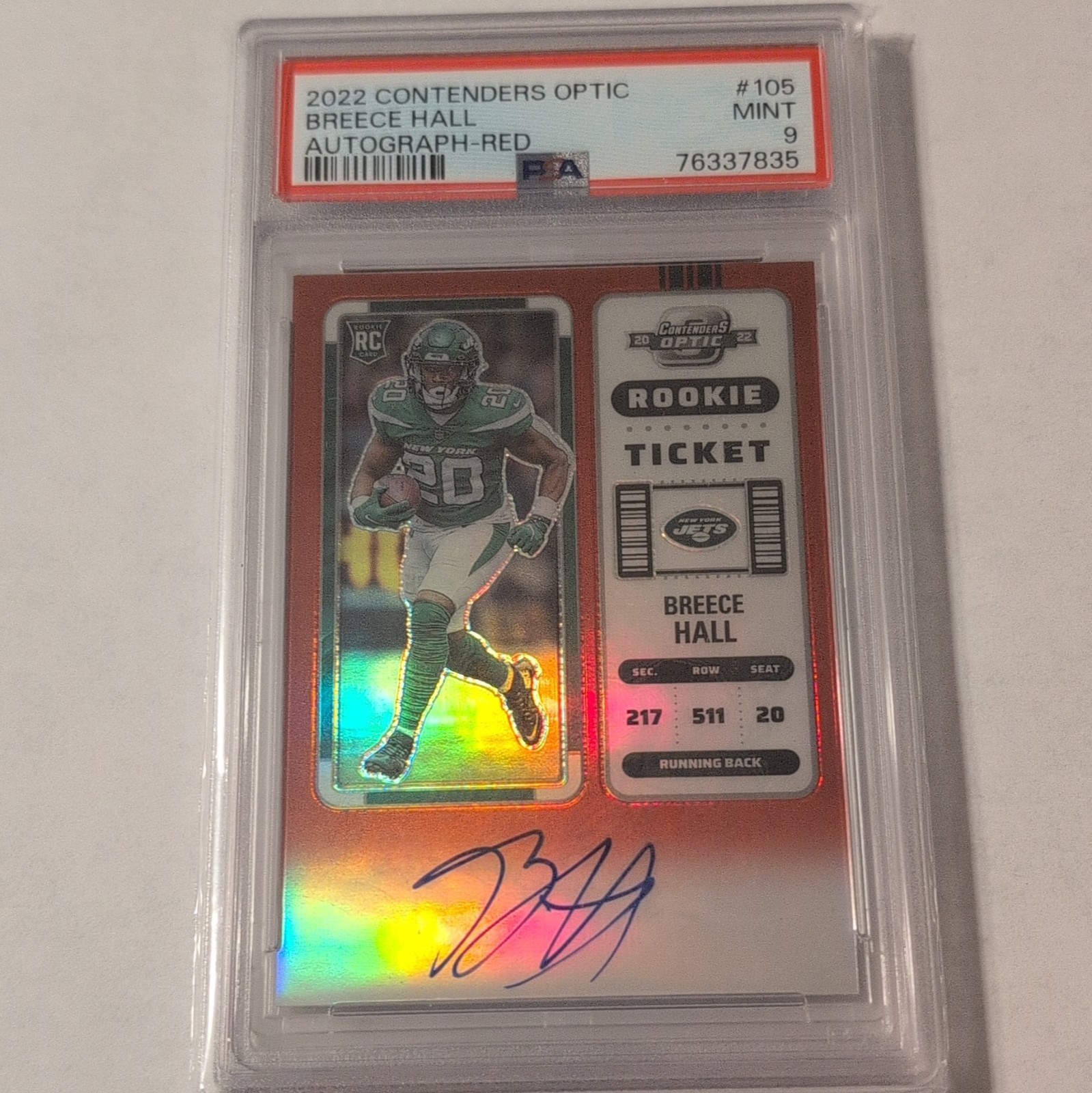 Panini 2022 Contenders Optic Breece Hall RC Auto Red Prizm /149 #105 PSA 9