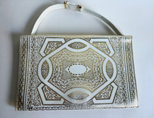Vtg 1960s Walborg Italy Gold Foil Medallion White Evening Clutch Bag 10.5x6.5