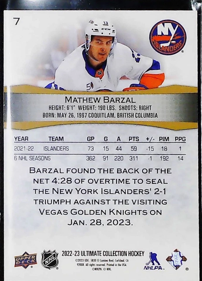 2022-23 Upper Deck Ultimate Collection #7 Mathew Barzal Blue #/99 - Image 2 of 2