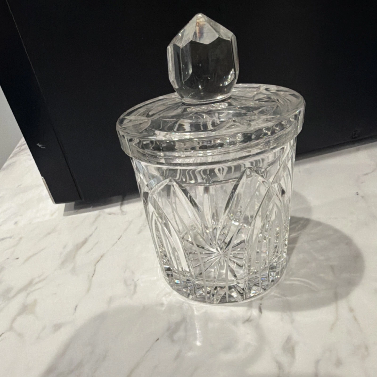Clear Cut Glass Candy Jar Set of 2, Round Geometric, Lid w/ Handle