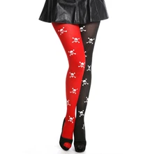 Thigh High Halloween Skull Tights Red & Black Harlequin Costume Gothic Hosiery