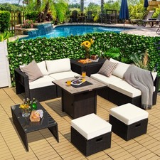 Patiojoy 9 PCS Outdoor Rattan Furniture Set with 30" Fire Pit Table & Cover