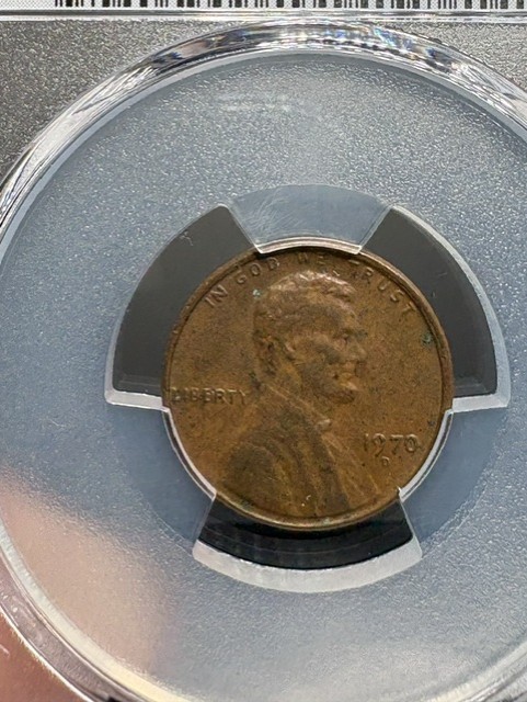 1970 D Lincoln Penny 1C, U.S. MINT ERROR, PCGS AU 50, Brown 