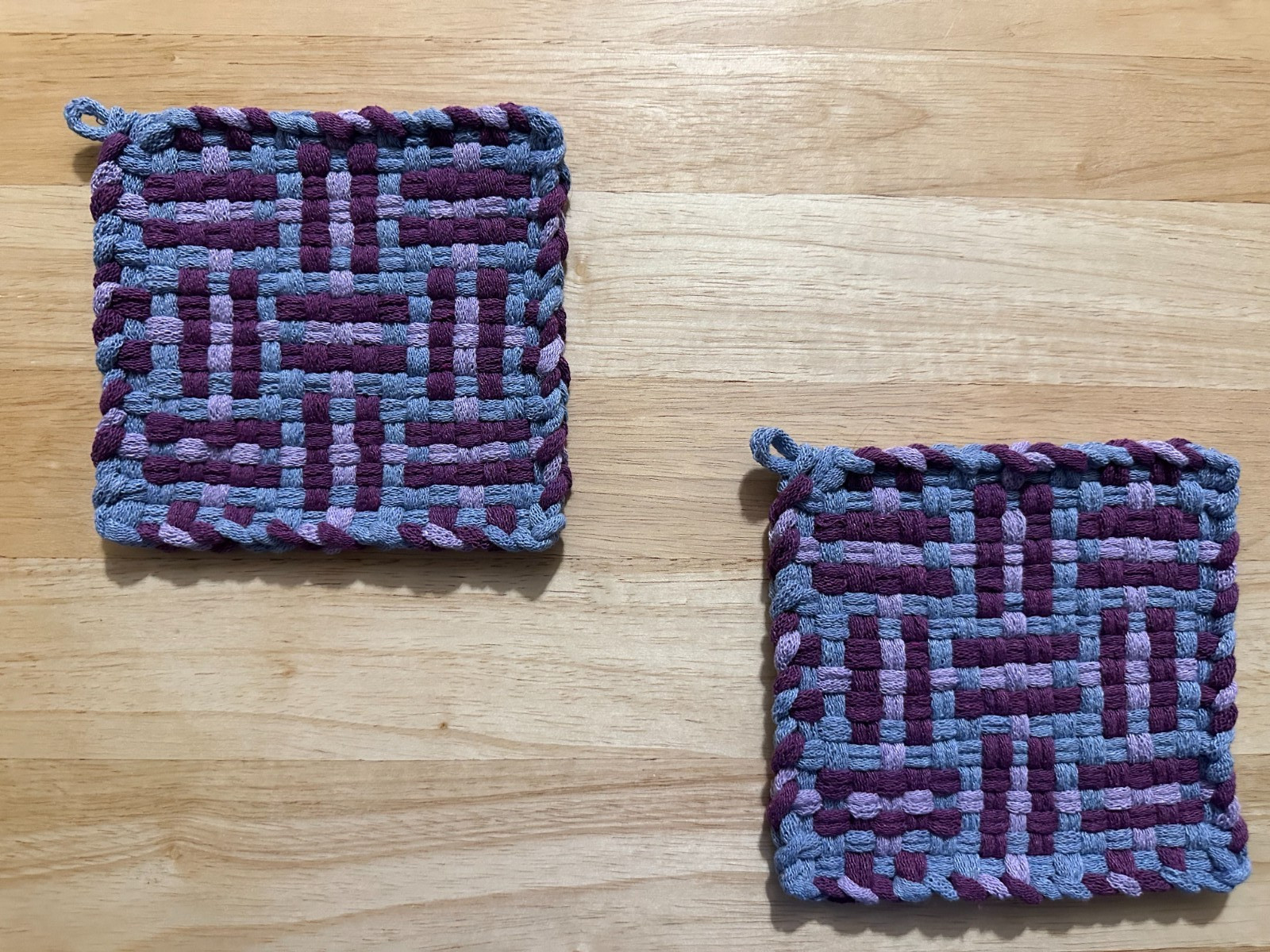 Handmade 2 Cotton Woven Potholders 3 Colors Hydrangea Lavender and Plum Design