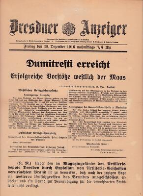 ''Nachrichtenblatt des ''''Dresdner Anzeiger'''' 29.12.1916 Dumitresti erreicht; Erfo