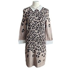 CYNTHIA ROWLEY Wool Sweater Dress Layered Look Leopard Brown Black Sz Medium