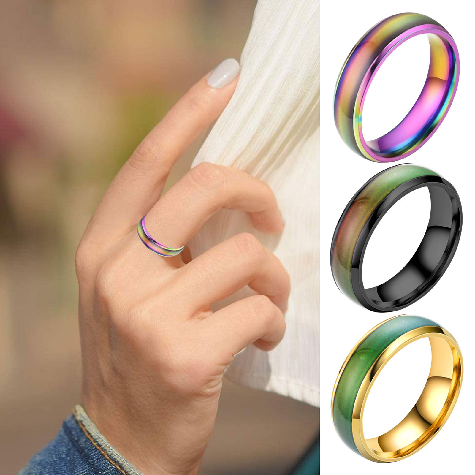 2pcs Women's Mood Rings, Stainless Steel Temperature Embossing Ring