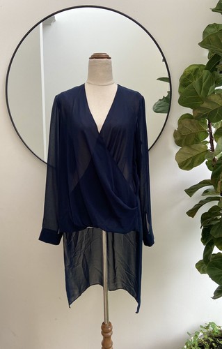Wayne Cooper Long Sleeve Sheer Cross Over Long Tail Navy Blue Blouse Top - Picture 6 of 7