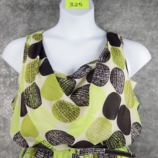 Banana Republic Dress Women 12 Green Brown Dot Belted Crepe Pleated Skirt Slip