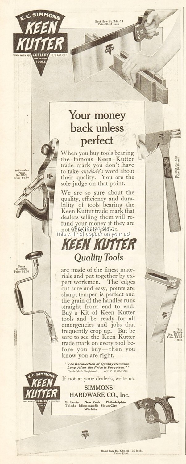 1913 Simmons Hardware Keen Kutter Tools Hand Back Saw Plane Hatchet Hand Axe Ad