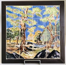 Ceramic Tile Hand Painted landscape Mosaic Framed Signed by Artist 16" x 16"