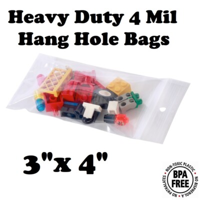 3'' x 4'' Zip Seal Reclosable 4Mil Plastic Top Lock Bags Hang Hole Jewelry 4 Mil