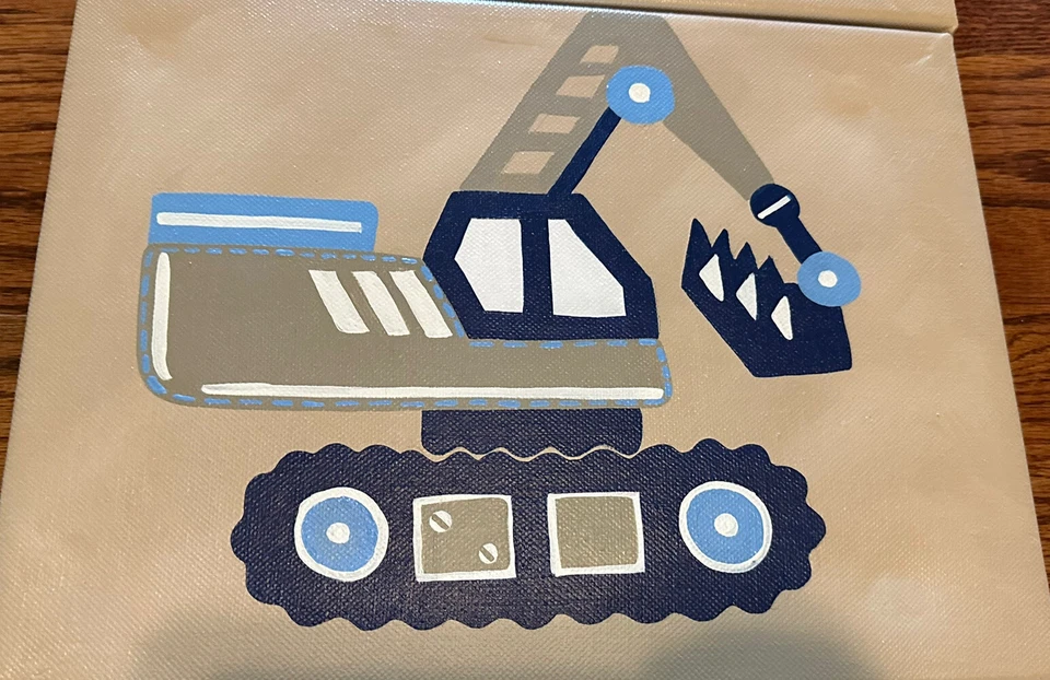 Set Of 4 Blue and green construction trucks painted artwork EUC 9x12 - Image 2 of 4