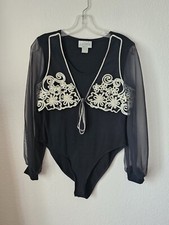 Vintage Black Long Sleeve Bodysuit Sz M USA Stunning Details Lenovia Fashion