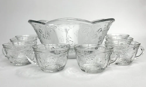 Vintage Anchor Hocking 'Savanna' 1990s Punch Bowl Set Punch Bowl & 8 Cups Floral