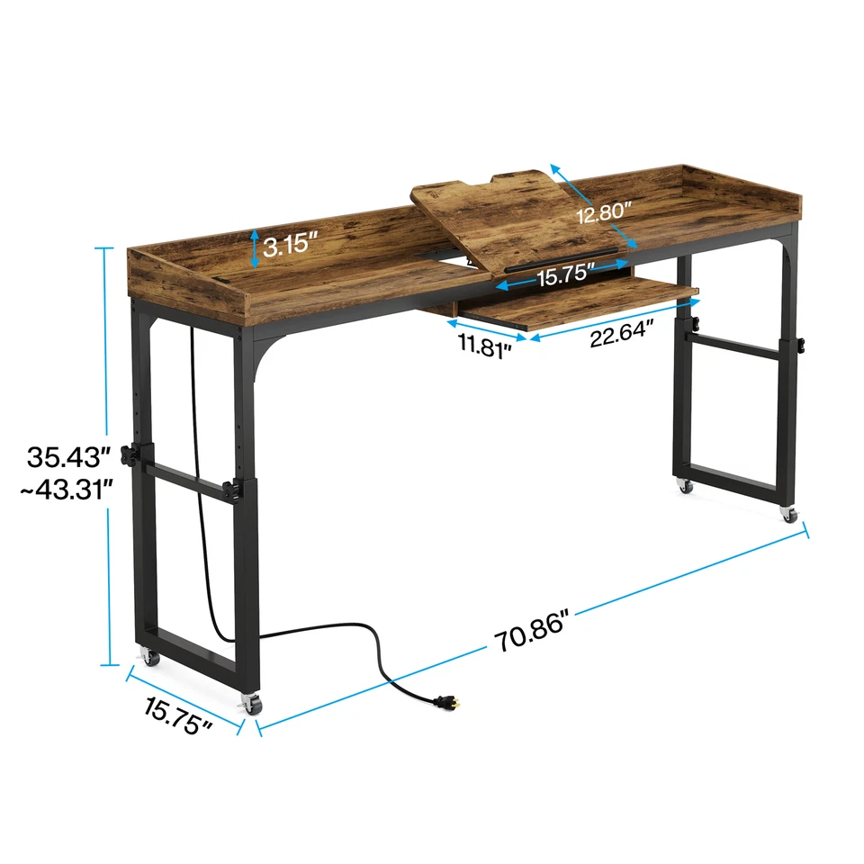 Tribesigns Height Adjustable Overbed Table with Outlets & Adjustable Tilt Stand - Image 2 of 4