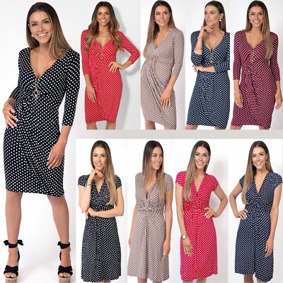 Womens Polka Dot Dress Pleated Skirt Wrap Front Mini V Neck Top Swing