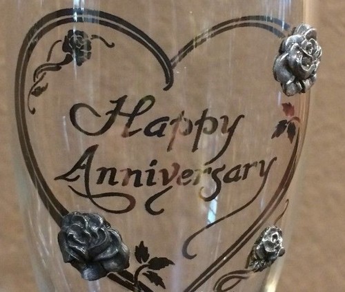 Happy Anniversary Champagne Flute with Pewter Florals ~ Set of 2 - Picture 2 of 4