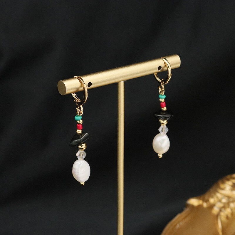 Gold Plated Hoop Earrings with Baroque Pearl and Black Agate Multicolor Accents-image