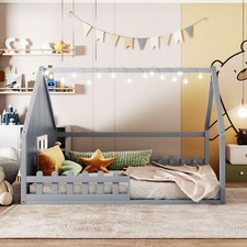 Full Size House Bed for Kids Wooden Floor Beds Frame with Headboard and Fence