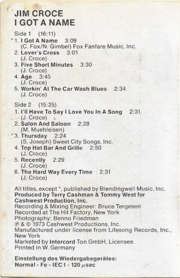 Jim Croce I Got A Name CASSETTE ALBUM ROCK Folk Rock, Country Rock,  Reissue - Image 4 of 4