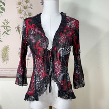 Y2k Paisley Lace Tie Front Sheer Jacket Roman...